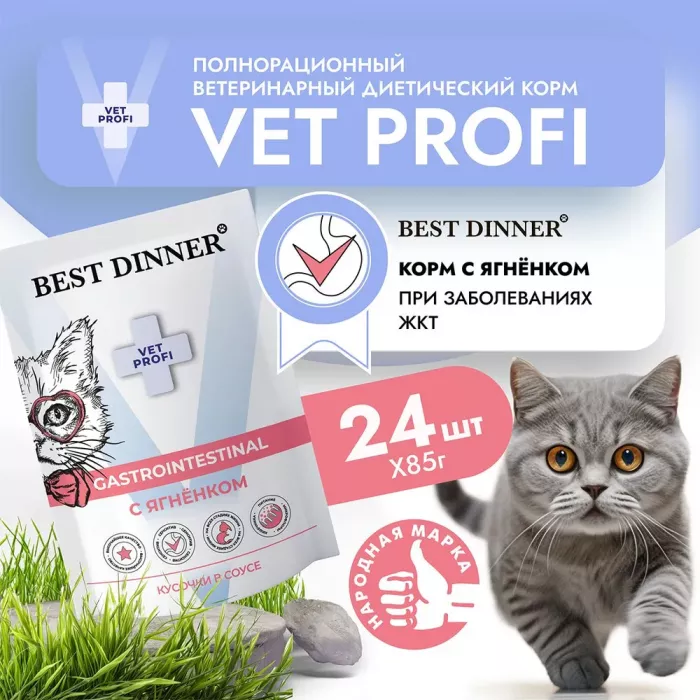 Best Dinner Vet Profi Gastro Intestinal 0,085кг (ЖКТ) ягненок кусочки в соусе влажный для кошек (403523)