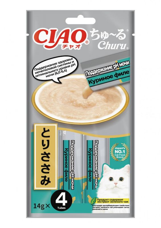 Inaba Ciao Churu 0,014кг*4шт 4RU130 лакомство-пюре для кошек Поддержание Ph мочи Куриное филе