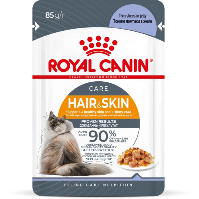 Корм Royal Canin Hair&Skin Care консервированный полнорационный для взрослых кошек для поддержания здоровья кожи и красоты шерсти, ломтики ткани в желе