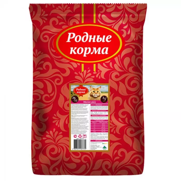 Родные корма 10кг (3,5 пуда) мясное рагу сухой для взрослых кошек (537772)