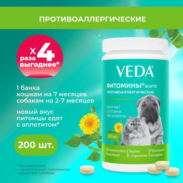 VEDA Фитомины ФОРТЕ противоаллергические для кошек и собак, 200таб.