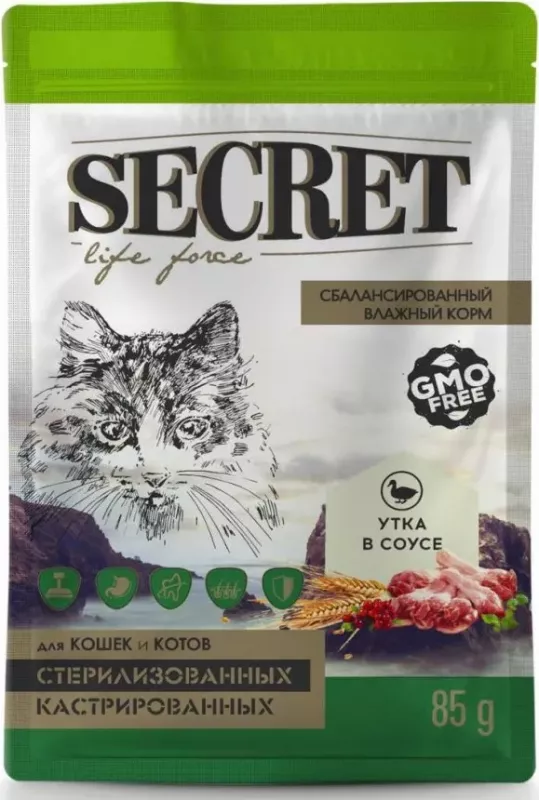 Секрет (Secret) Life Force 0,085кг утка в соусе пауч для стерилизованных кошек и кастрированных котов (22822)