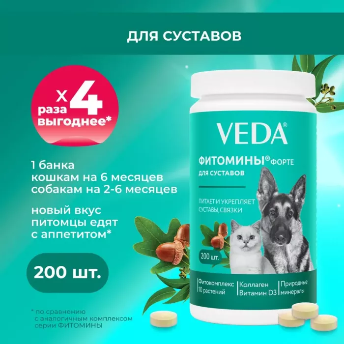 VEDA Фитомины ФОРТЕ для суставов собакам и кошкам, 200таб. VEDA Фитомины ФОРТЕ для суставов собакам и кошкам, 200таб.