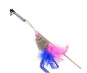 Махалка Мышь с мятой серый мех с хвостом перо пышное на веревке GoSi этикетка флажок (sh-07196)