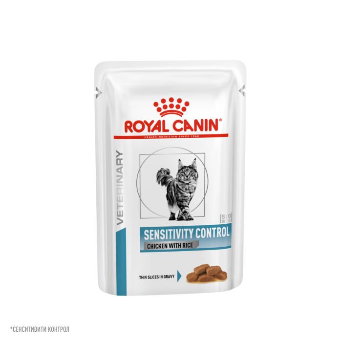 Royal Canin SENSITIVITY CONTROL CHICKEN AND RIS (СЕНСИТИВИТИ КОНТРОЛ С КУРИЦЕЙ И РИСОМ) Корм ​​консервированный полнорационный диетический для взрослых кошек, активированный при употреблении пищевых продуктов или при непереносимости пищевых продуктов, мелкие кусочки в соусе. Ветеринарная диета