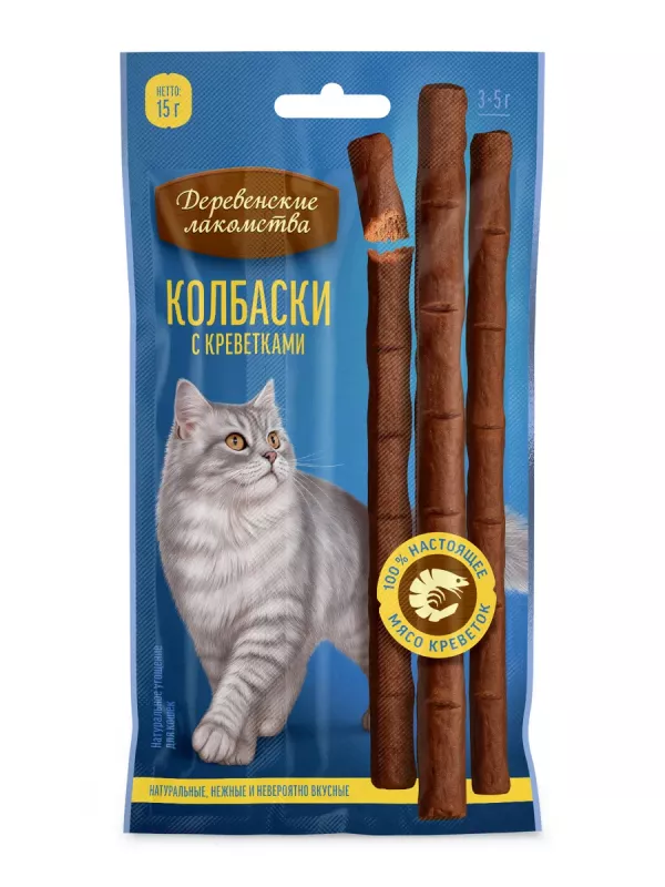 Деревенские лакомства 0,015кг колбаски с креветкой для кошек, (76051523)