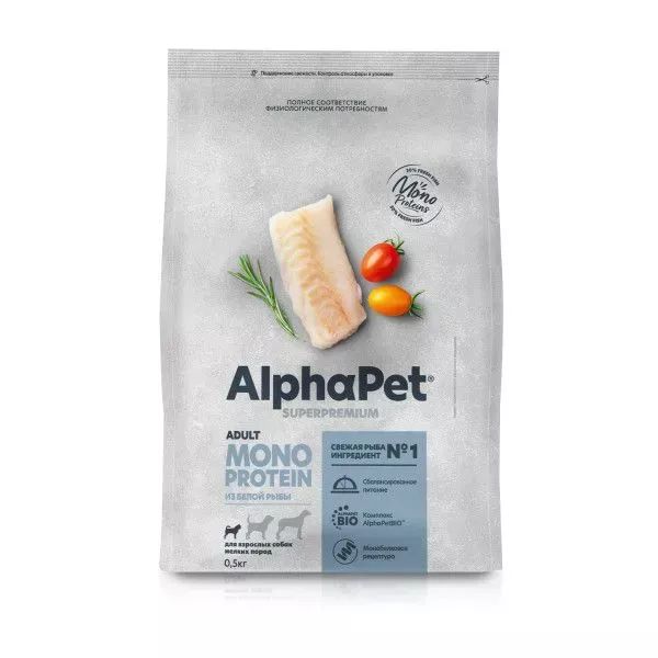 AlphaPet Superpremium Monoprotein (АльфаПет) 0,5кг из белой рыбы сухой для взрослых собак мелких пород (652864)