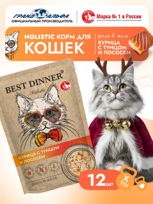Best Dinner Cat Holistic 0,07кг филе в желе с курицей, тунцом и лососем для кошек (408931)