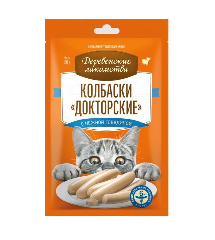 Деревенские лакомства колбаски Докторские 6*0,01кг с нежной говядиной для кошек (79217896)