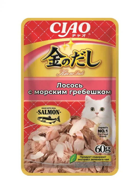 INABA CIAO Kinnodashi 0,06кг Лосось с морским гребешком пауч для кошек
