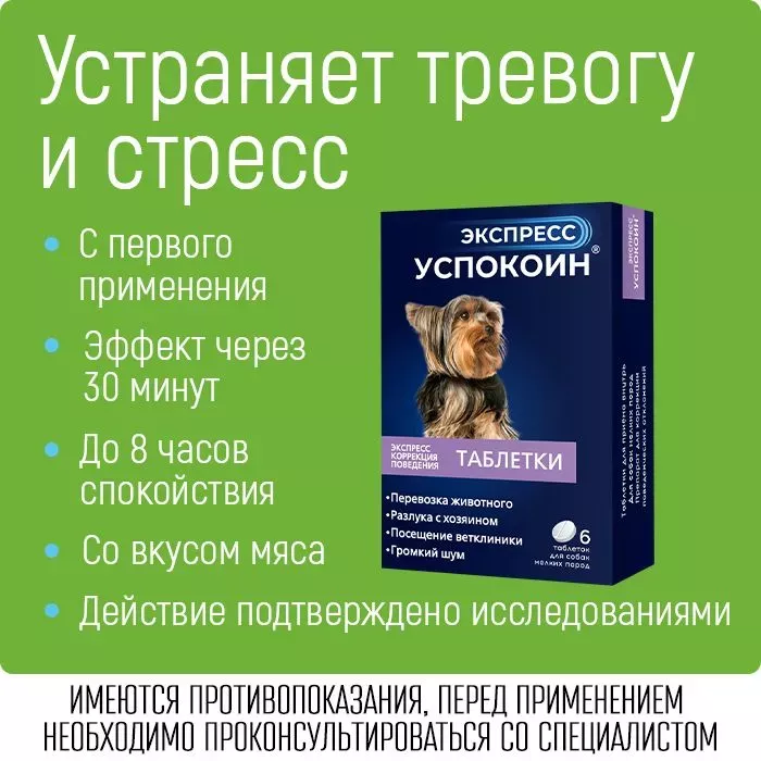 Экспресс Успокоин (6таб) коррекция поведения при стрессах, страхах для собак мелких пород (ЛИЦЕНЗИЯ)