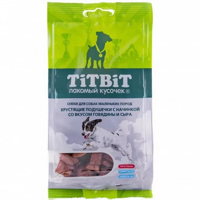 TiTBiT 0,095кг лакомство подушечки хрустящие с начинкой со вкусом говядины и сыра для собак маленьких пород