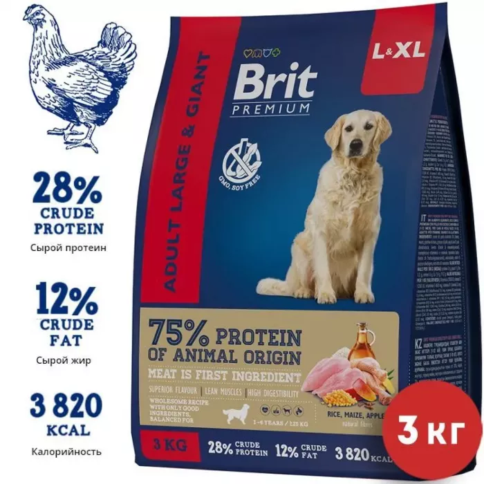 Brit Premium Dog 3кг Adult Large and Giant курица для собак крупных и гигантских пород (49998)