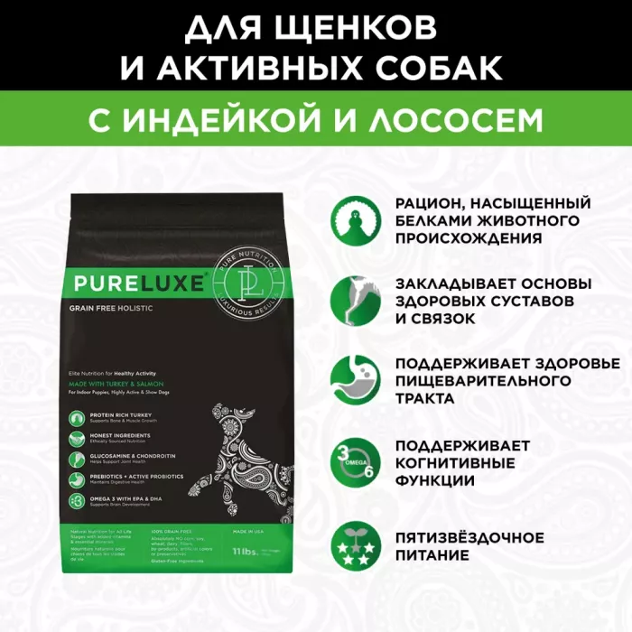 PURELUXE 0,4кг Элитное Питание для собак активных с индейкой и лососем (940033)
