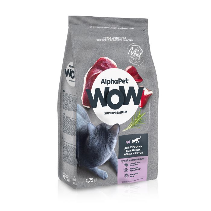 AlphaPet WOW (АльфаПет) 0,75кг с уткой и потрошками сухой для кошек (659504) NEW