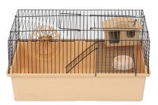 Клетка №1 двухэтажная, в комплекте домик, миска, колесо, 37*26*18см, бежевая для грызунов