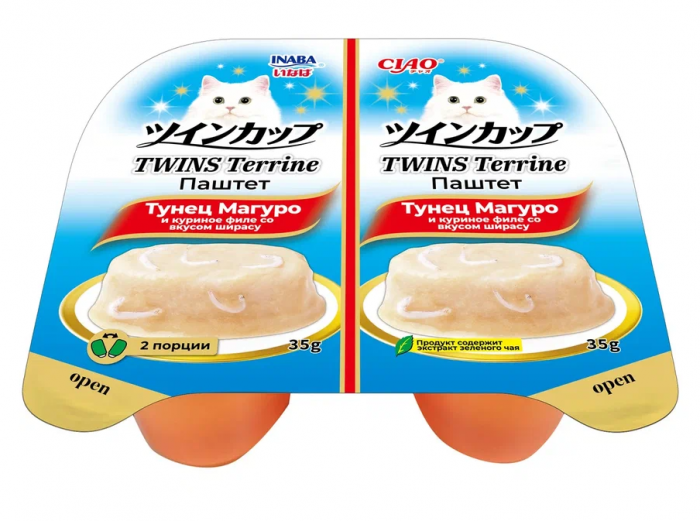 Inaba Ciao Twins Terrine 0,07кг (35г*2шт) RU1202 Паштет для кошек тунец Магуро и куриное филе со вкусом ширасу