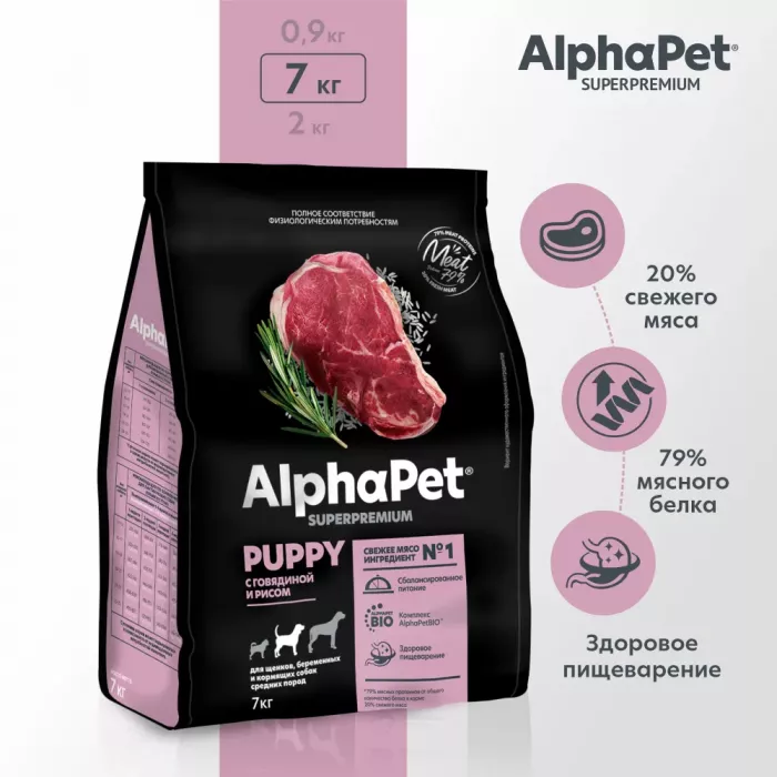 AlphaPet Superpremium (АльфаПет) 7кг с говядиной и рисом сухой для щенков и юниоров средних пород (651423)