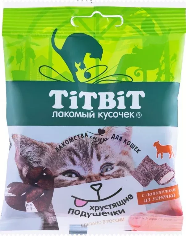 TiTBiT 0,03кг хрустящие подушечки для кошек с паштетом из ягненка