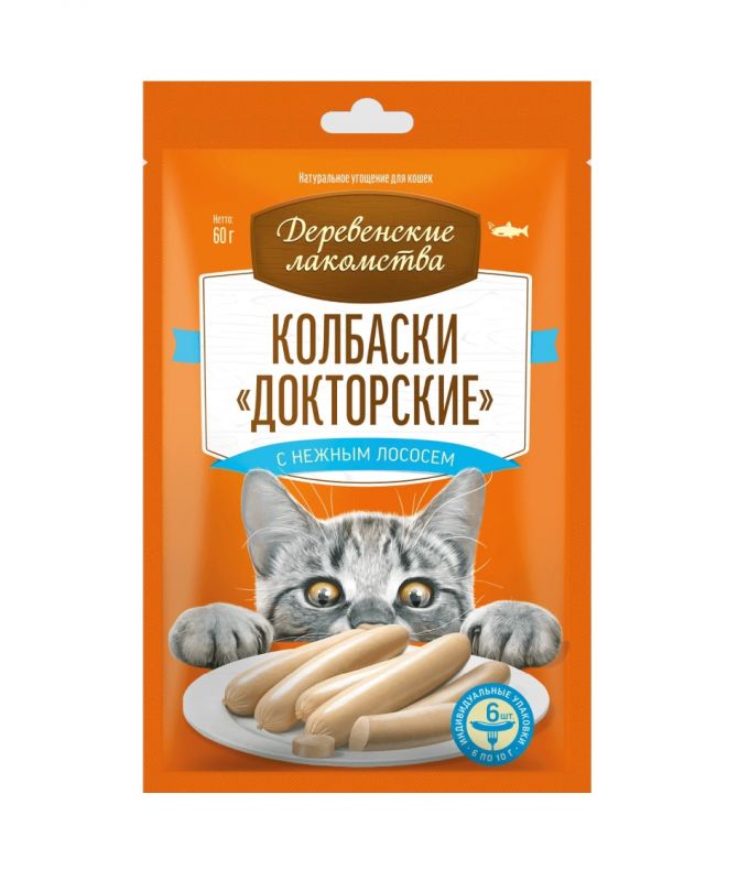 Деревенские лакомства колбаски Докторские 6*0,01кг с нежным лососем для кошек (79217865)