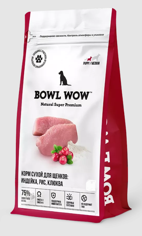 Bowl Wow 17кг индейка с рисом и клюквой сухой для щенков средних пород  (661153) (Только для заводчиков)