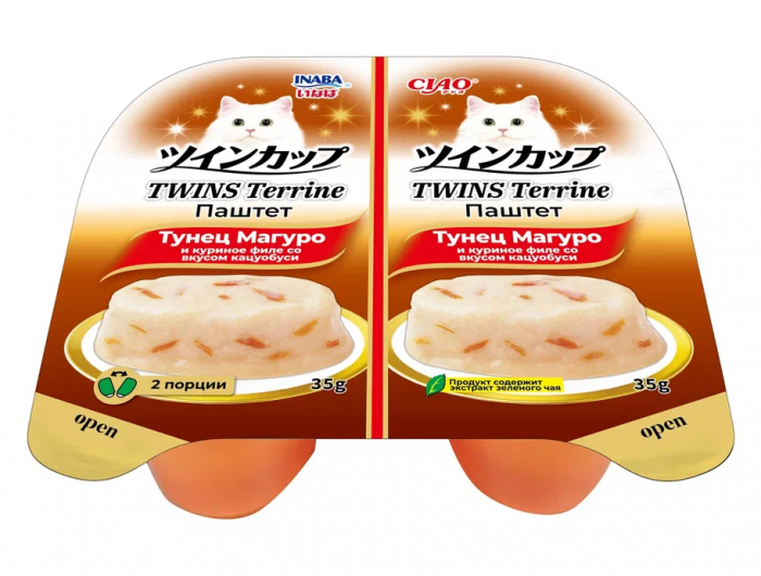 Inaba Ciao Twins Terrine 0,07кг (35г*2шт) RU1203 Паштет для кошек тунец Магуро и куриное филе со вкусом кацуобуси