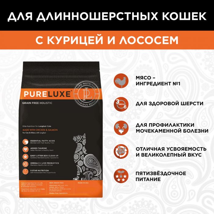 PURELUXE 1,5кг Элитное Питание для кошек длинношерcтных с курицей и лососем 1,5кг(939754)