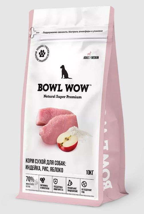 Bowl Wow 10кг индейка с рисом и яблоком сухой для собак средних пород (660491)