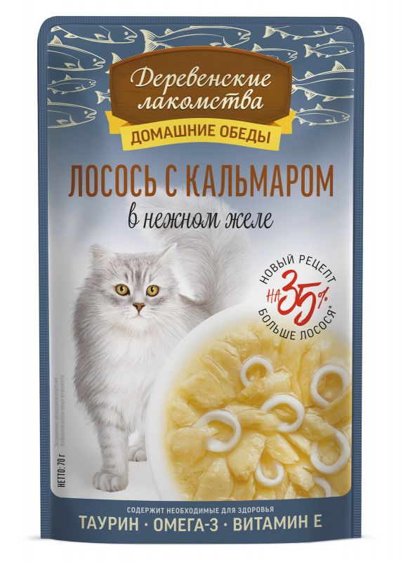 Деревенские лакомства Домашние обеды 0,07кг Лосось и кальмар в нежном желе пауч для кошек (79218930) New