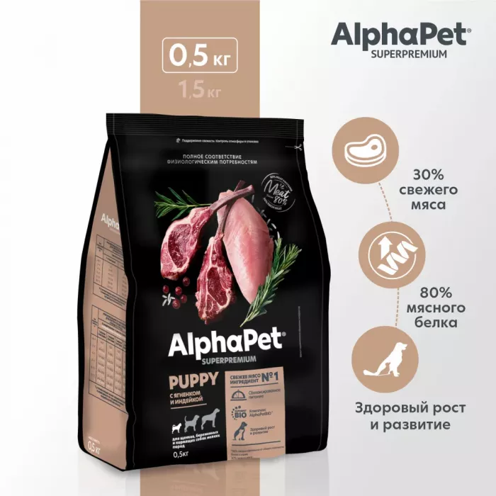 AlphaPet Superpremium (АльфаПет) 0,5кг с ягненком и индейкой сухой для щенков мелких пород (651140)